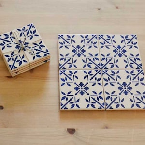 Set of 4 Ceramic Tiles, Coasters, portuguese tiles, Hand painted, Blue Tiles, Pack 9