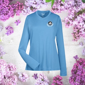 Camisa feminina personalizada de desempenho, manga comprida, gola V, camiseta esportiva, camisa de poliéster personalizada, camiseta personalizada, camiseta esportiva personalizada