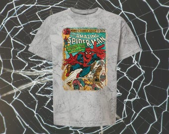 Kids Spider Hero Comic Tee • Vintage Style Superhero Graphic T-Shirt • Youth Marble Tie Dye Top • Retro Hero Comic Book Shirt Unisex