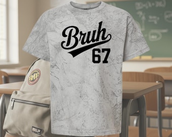 Youth Bruh 67 Graphic T-Shirt | Retro School Style Tee | Funny Teen Slang Shirt | Vintage Athletic Font Shirt