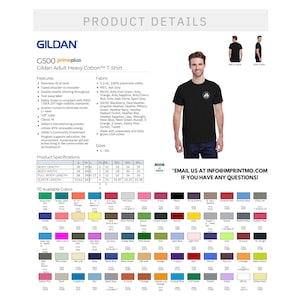 Peut inclure: T-shirt Gildan G500 primeplus en coton lourd pour adulte, de couleur noire avec un logo blanc. Le t-shirt est disponible en 70 couleurs et tailles S-5XL. Les d&eacute;tails du produit comprennent le tissu, les caract&eacute;ristiques et les sp&eacute;cifications de taille. L'image montre &eacute;galement une vue arri&egrave;re et lat&eacute;rale du t-shirt.