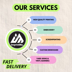Peut inclure: Un cercle vert avec le texte "ImprintMo." et un logo de montagne stylis&eacute;. Le cercle est entour&eacute; de cinq bo&icirc;tes rectangulaires color&eacute;es avec des num&eacute;ros et du texte d&eacute;crivant diff&eacute;rents services propos&eacute;s&nbsp;: Impression de haute qualit&eacute;, Broderie, S&eacute;rigraphie, Articles de boisson personnalis&eacute;s et Panneaux de jardin et banni&egrave;res en vinyle. Le texte "NOS SERVICES" est en haut de l'image en lettres vertes. Le texte "LIVRAISON RAPIDE" est en bas de l'image en lettres noires.