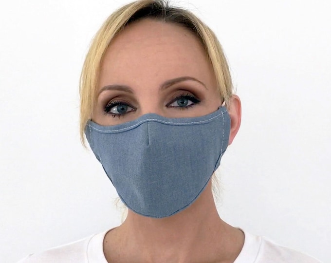 Premium Blue Face Mask For Women Chambray Denim | Filter Pocket | Triple Layer | Polypropylene/Cotton | Washable