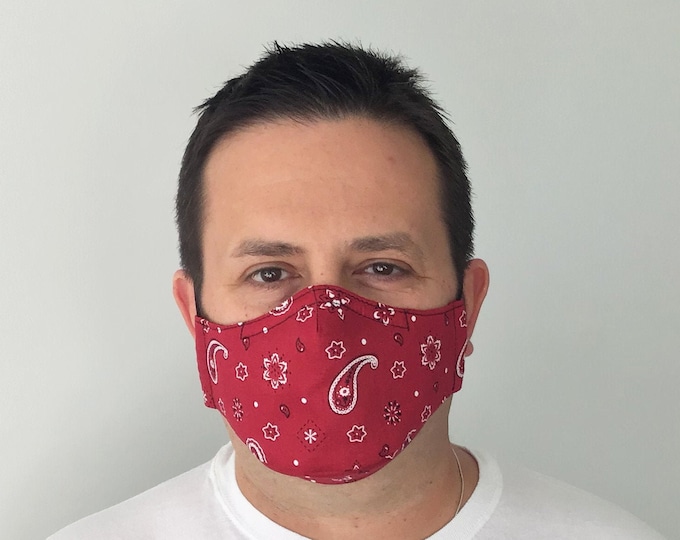 Red Bandana Face Mask For Men - Paisley Red Face Mask - Bandana Face Mask - Handmade - Filter Pocket