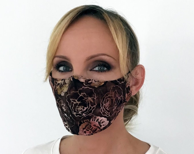 Brown Face Mask For Women Roses - Flowers Face Mask - Washable - Filter Pocket - Nose Wire