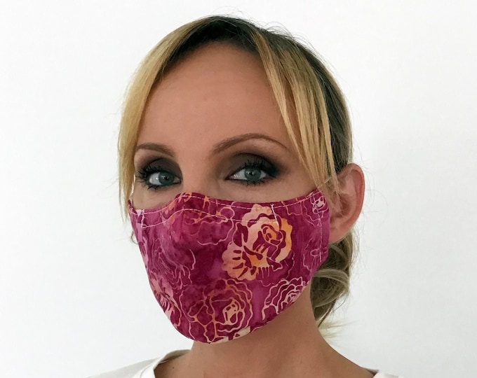 Pink Face Mask For Women Roses - Flowers Face Mask - Washable - Filter Pocket - Nose Wire