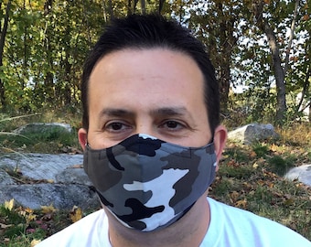 Camo Face Mask For Men - Black Camo - Black, Gray, White Camouflage - Handmade - Filter Pocket