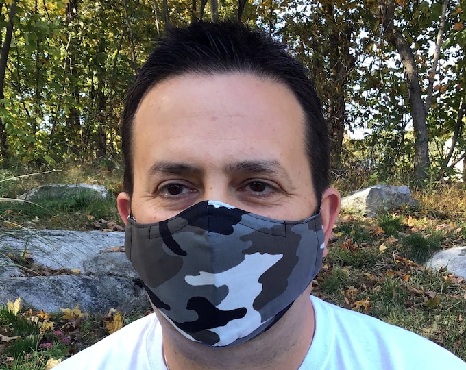 Camo Face Mask For Men - Black Camo - Black, Gray, White Camouflage - Handmade - Filter Pocket