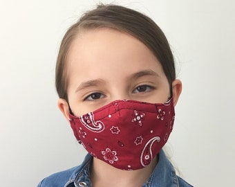 Red Bandana Face Mask For Kids - Paisley Red Face Mask Child - Children Bandana Face Mask - Handmade - Filter Pocket