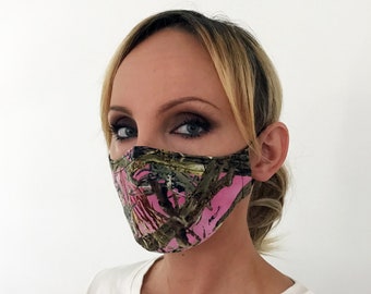 Pink Camo Face Mask For Women - True Timber - Handmade - Filter Pocket