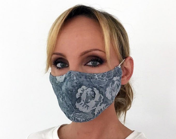 Blue Face Mask For Women Roses - Flowers Face Mask - Washable - Filter Pocket - Nose Wire