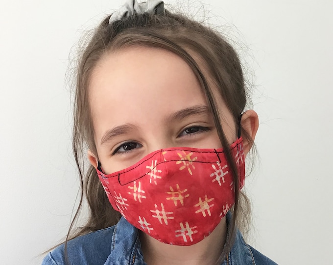 Red Hashtags Face Mask For Kids - Red Face Mask Child - Handmade - Filter Pocket