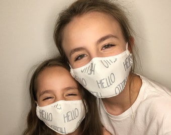 Premium Face Mask For Kids White Hello | Filter Pocket | Triple Layer | Polypropylene/ Organic Cotton | Washable