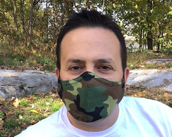 Camo Face Mask For Men - Green Camo - Green, Brown, Black Camouflage - Handmade - Filter Pocket