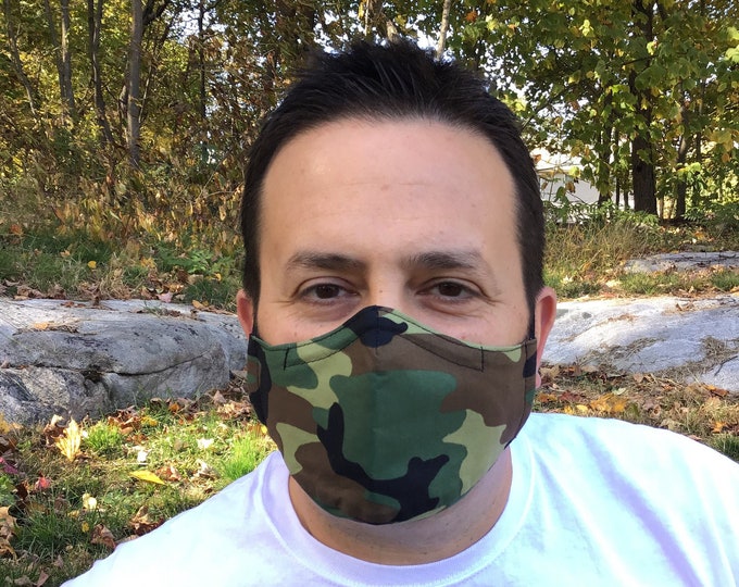 Camo Face Mask For Men - Green Camo - Green, Brown, Black Camouflage - Handmade - Filter Pocket