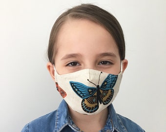 Butterfly Face Mask For Kids - White Canvas - Face Mask with Filter Pocket - Washable