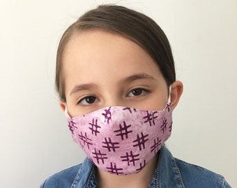 Pink Face Mask For Kids with Hashtags - Pink Face Mask Child - Handmade - Filter Pocket