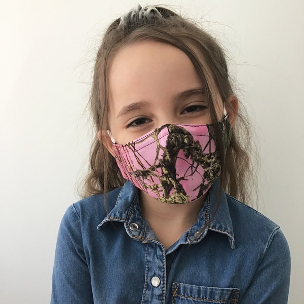 Pink Camo Face Mask Kids, Camo Face Mask Child, True Timber Camouflage Pink Face Mask, Cotton Face Mask, Washable Face Mask, Filter Pocket