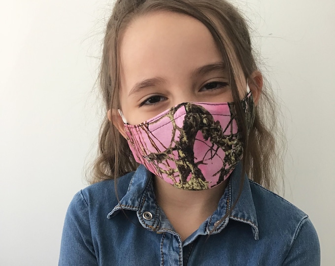 Camo Face Mask For Kids - Pink Camo - True Timber Camouflage - Handmade - Filter Pocket