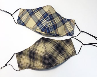 Tartan Plaid Face Mask Set, Designer Face Mask Inspired, Beige Dad Plaid Face Mask, Reusable Face Mask 3D, High Quality Adult Face Mask