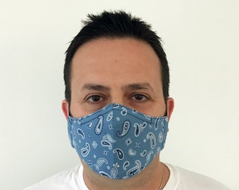 Blue Bandana Face Mask For Men - Paisley Blue Face Mask - Bandana Face Mask - Handmade - Filter Pocket