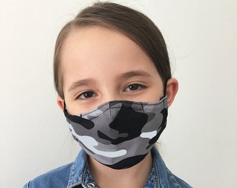 Camo Face Mask For Kids - Black Camo - Black and Gray Camouflage - Handmade - Filter Pocket