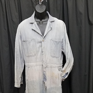 Vintage 60s Faded Stone Cutter Union Made Blue Striped Sanforized Cotton Work Wear Coveralls Overalls USA Chest 46. Measurements Below