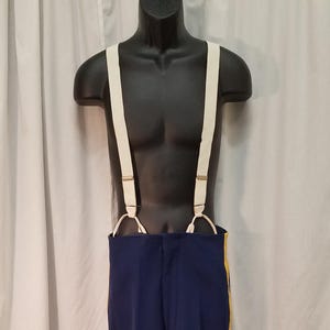 32 Waist 1970s Becker Uniform Pants / Navy Blue w Gold Stripe Dungarees Trousers Slacks and Suspenders, Measurements Below.