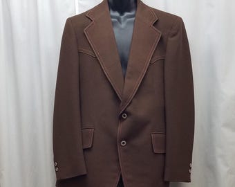 VTG 1970er Jahre Prestige West Western Wear dunkelbraun Polyester 2-teiliger Rancher Freizeit Disco Anzug mit Waffelmuster Nähte Detail, 42, Maße unten