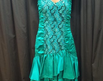 Vintage 1980-tals ZumZum grön/turkos satin taft rynkad korsett paljett tyll balklänning S, valfria ärmar, mått nedan.