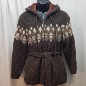 Vtg 1970’s Northern Tundra Made in Canada Handknit Wool Brown Belted Sweater Hoodie Zip Up Boho Cardigan Jacket, M, Measurements below