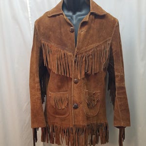 Vintage 1960's Dark Brown Suede Fringe Cowboy Rancher West Wear Jacket Button Up Leather Coat, 40. Measurements Below