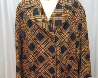 Vtg 1960s Betty Rose Burnt Orange & Black Tapestry Geometric Print Designer Swing Jacket Coat Art Deco Buttons Approx XXL, Measurement below
