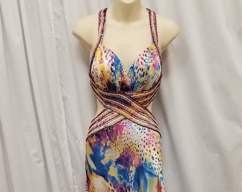 Vintage 1990&#39;s La Femme Paris Designer Rainbow Leopard Print Satin Open Waist Designer Dress, Rare, Collector. Measurements Below