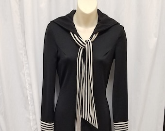 Vtg 70s Black w Cream & Black Striped Accents Polyester Soft Leisure Disco 1 Piece Romper, Jumper, Jumpsuit Anchor Belt. Measurements Below