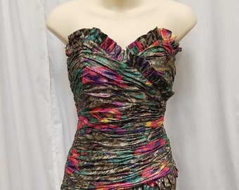 Vtg Glamorous 1980's Escada by Margaretha Ley Couture Sleeveless Bright Colored Party Dress, Silk & Metal, Short Gown