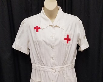 Vintage 1940's Red Cross Nurse Uniform Dress Smock Cotton Collared Uniform