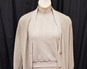 Vintage Women's 1970s Butte Knits Taupe Waffled Polyester Casual 3 Piece Jacket Top Pants Suit Set