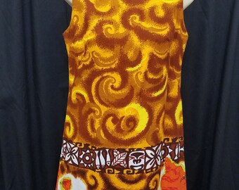 Vintage 1970’s Made in Hawaii Bright Orange, Yellow, & Rust Cotton Sleeveless Shift Sun Dress w Island Map