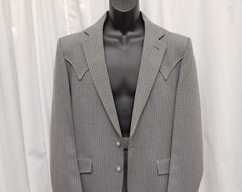Vintage 1970s Falcone Western Wear Gray Herringbone Polyester 2 Piece Rancher Leisure Disco Suit, Buttons, Pockets. Measurements Below