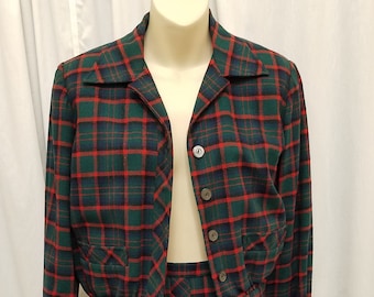 Vtg 1960's Bobbie Brooks Calgary Sanforlan Green, Red, & Blue Tartan Plaid Wool Skirt Suit Set Women’s Unique Preppy Blazer Woodsy Set