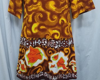 Vintage 1970’s Sears Hawaiian Fashions Bright Orange, Yellow, & Rust Cotton Shift Dress w Island Map