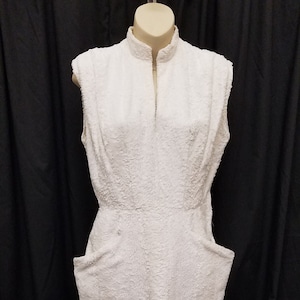 Vintage 1950s White Soft Fuzzy Terrycloth Sleeveless Party Dress Summer Spring Dress w Side Zipper & Huge Pockets. Measurements Below