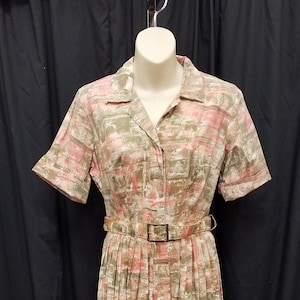 Vintage 1950s Ann Taylor Green, Cream, & Pink Cotton Print Fit n Flare Day Dress w Matching Belt, Pleated Skirt. Measurements Below