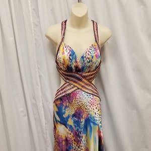 Vintage 1990&#39;s La Femme Paris Designer Rainbow Leopard Print Satin Open Waist Designer Dress, Rare, Collector. Measurements Below