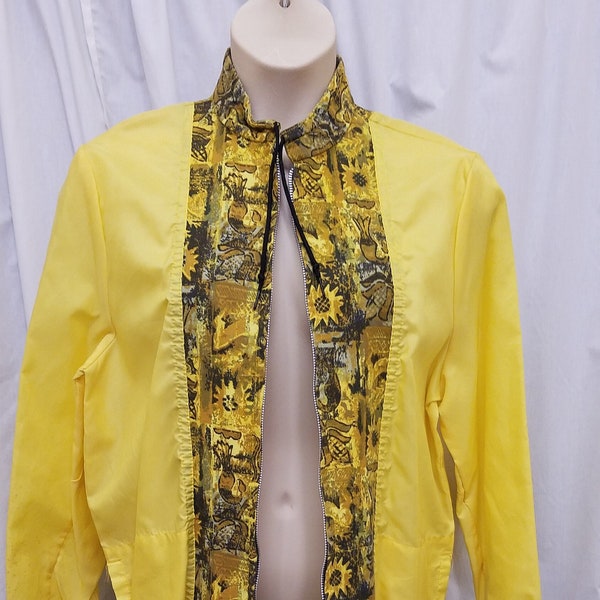 Vintage 1970's Silton California Bright Yellow w Floral Print Windbreaker Jacket Full Zip Women's Washable Coat