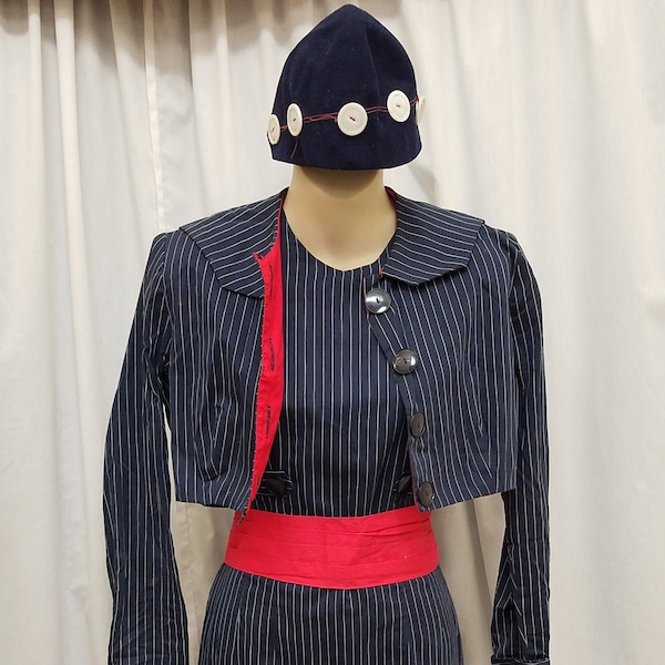 Vintage 1950 Betty Barclay 2 piezas azul marino y rojo algodón Bonnie & Clyde vestido con chaqueta a juego, cinturón y sombrero Excello