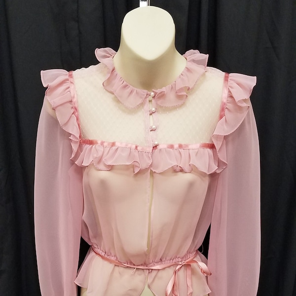 Vintage 1940's-50s Pink Nylon Gorgeous Delicate Romantic Sheer Chiffon Blouse Top Shirt Victorian Blouson