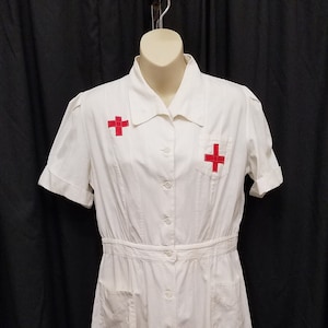 Vintage 1940's Red Cross Nurse Uniform Dress Smock Cotton Collared Uniform