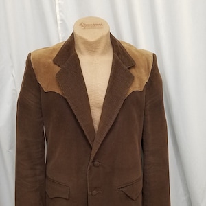 Vintage 1970s Pioneer Wear Made in the USA Vented Brown Corduroy Light Brown Suede Accents Lined Sports Coat Blazer Western Jacket, Pockets